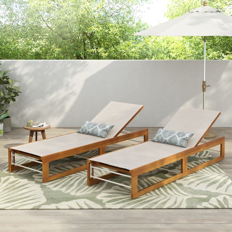 Emile Outdoor Mesh and Wood Chaise Lounge (Set of 2) by Christopher Knight Home - Teak Finish+ Beige