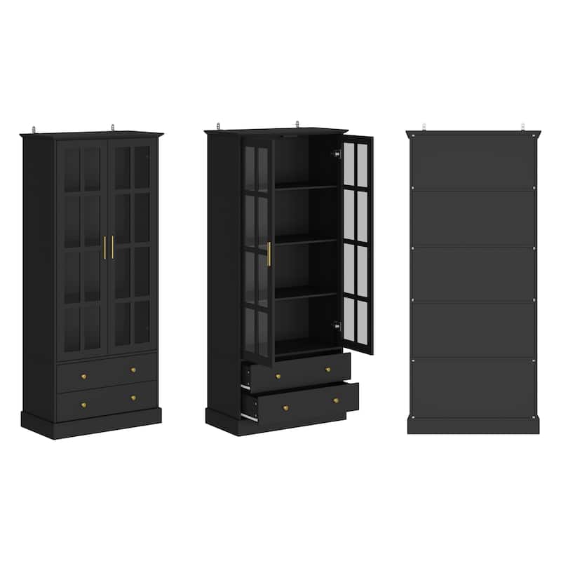 Glass Display Cabinet with 4 Shelves, 2 Doors Curio Cabinets Pantry - 31.5"Wx70.1"H