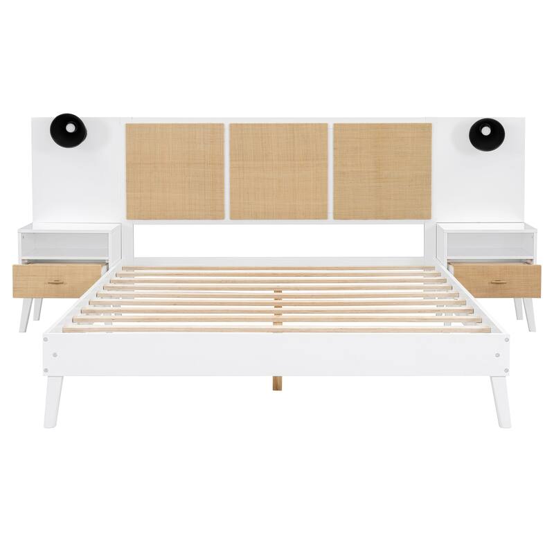 Queen Size Bed Frame, Nightstands & Headboard 3 in 1 Slats Platform Bed with Drawers and Lamps, Rattan Design for Bedroom