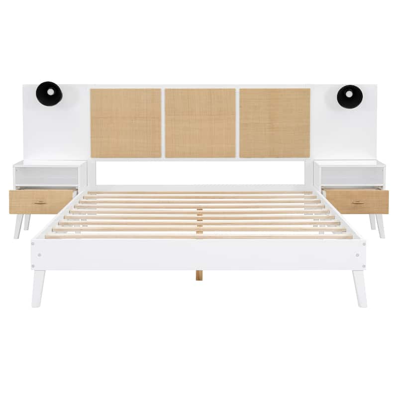 Queen Size Solid Wood Bed Frame with 2 Nightstands, Elegant Design with Lamps, Rattan and Wood Combination