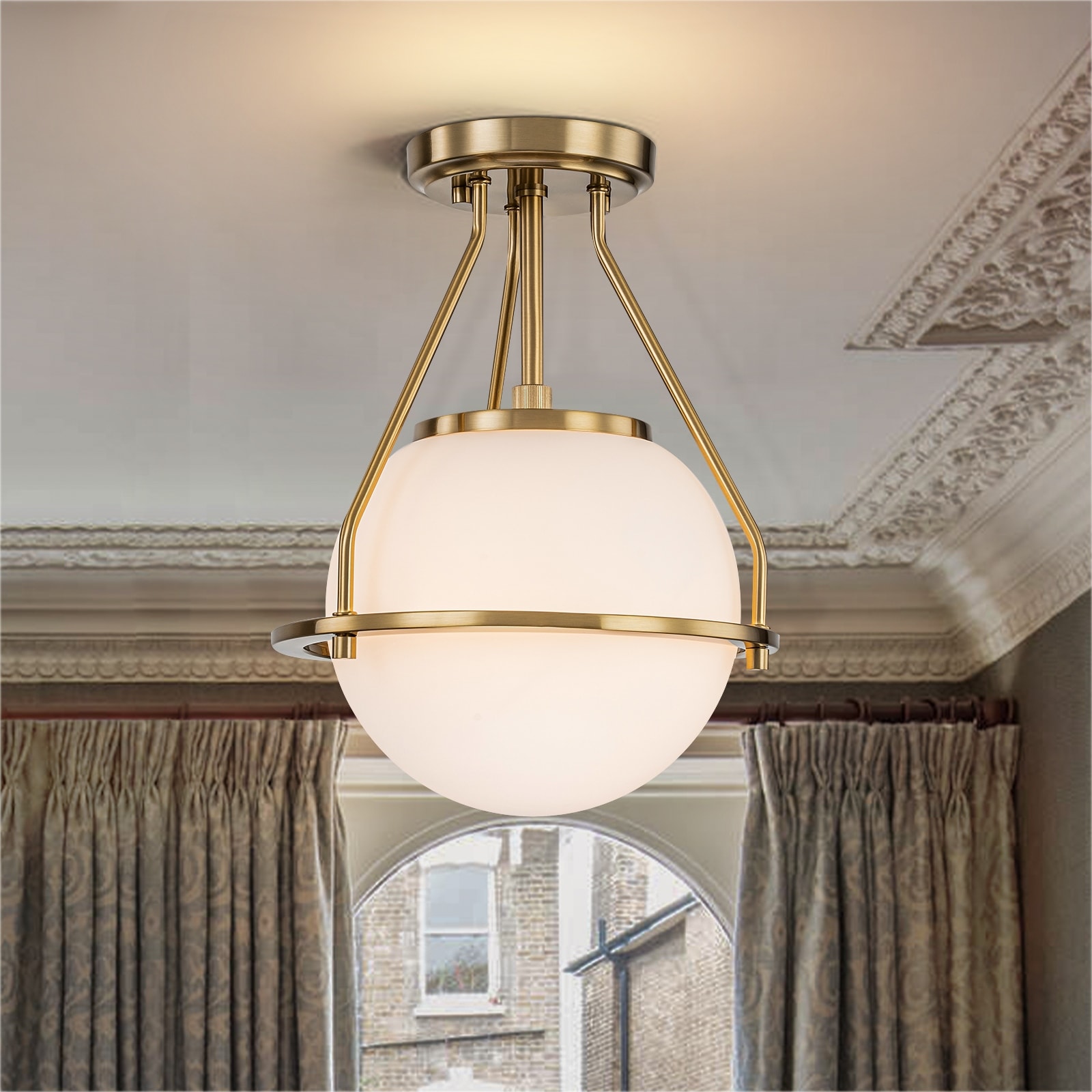 Mid-Century Modern 1-Light Dome Semi-Flush Mount Ceiling Light with with Opal Glass Globe Shade - 9.5