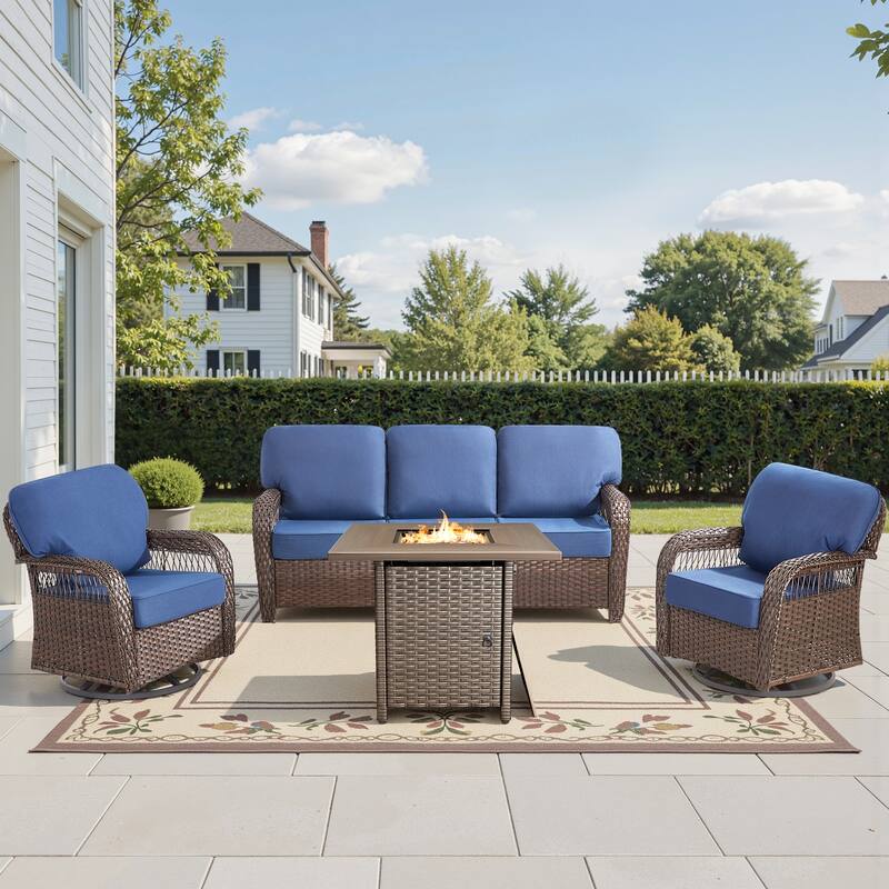 Pocassy Outdoor Fire Table with Sofa Swivel Chair Set. - Brown Wicker Blue Cushion - 4-Piece Sofa Swivel Chair w/ Fie Pit Table