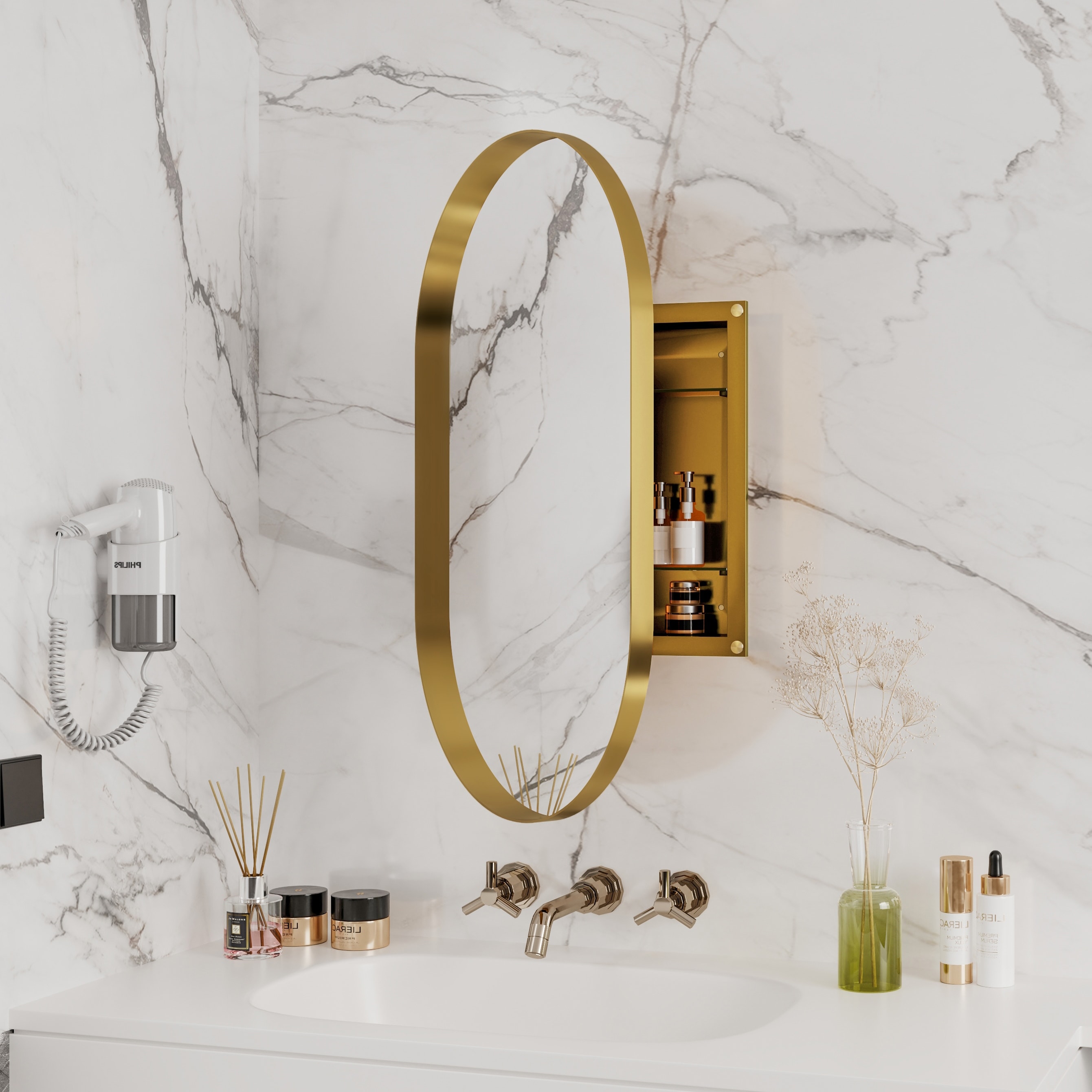 20" * 34" Oval Recessed Gold Metal Framed Medicine Cabinet with Mirror - 33.46 inches L x 20.47 inches W x 4.52 inches H