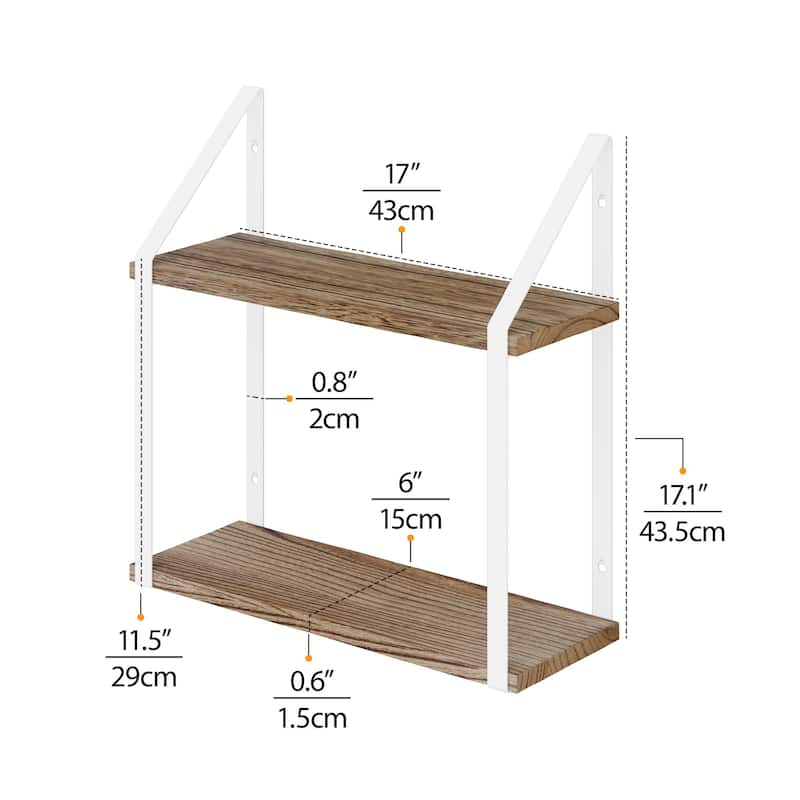Wallniture Modena 2 Tier Shelves with White Brackets, Bathroom Wall Decor, 17x6", Burnt