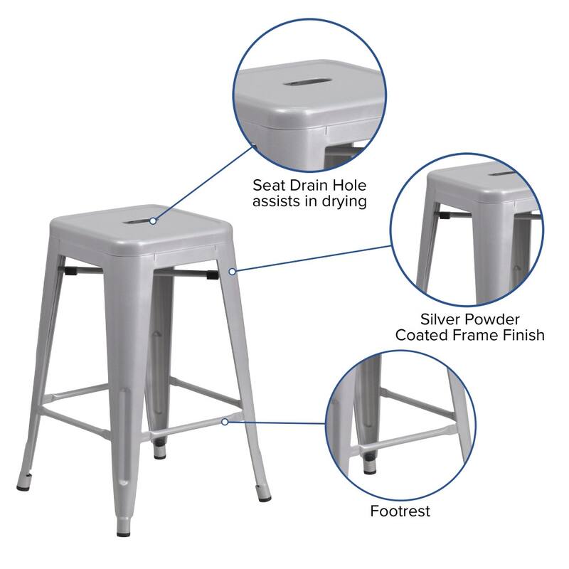 24" High Backless Metal Indoor-Outdoor Counter Height Stool w/Square Seat