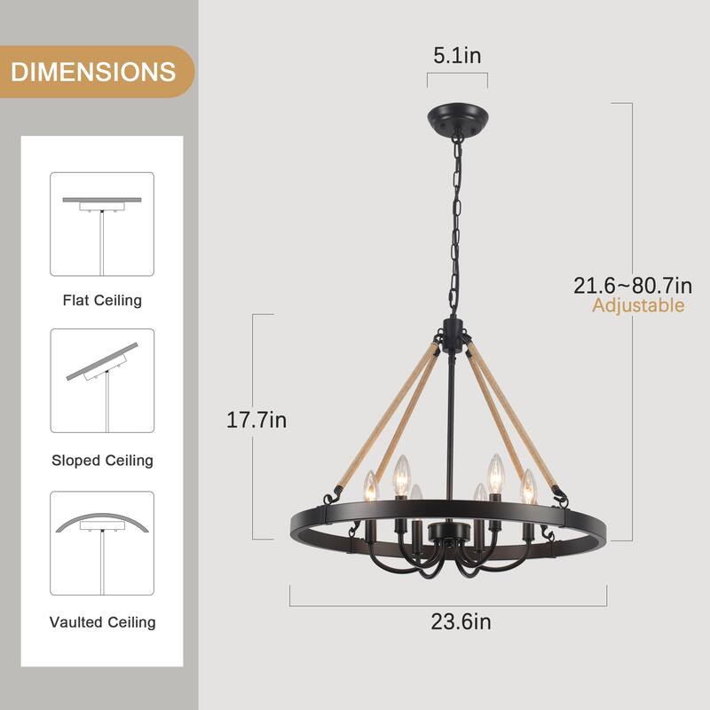 6 - Light Rustic Farmhouse Wagon Wheel Candle Style Chandelier for Living Room Bedroom Dinging Room