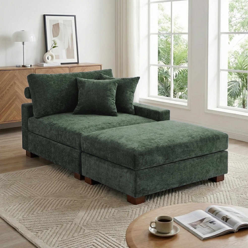 Modern Chenille Chaise Lounge Set with Ottoman