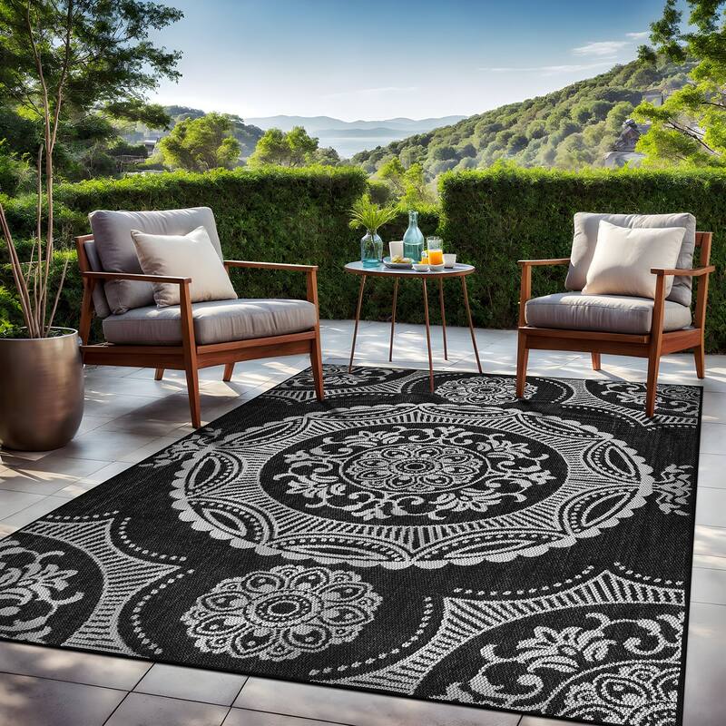 Beverly Rug Blue Medallion Indoor Outdoor Rug, Outside Carpet for Patio, Deck, Porch