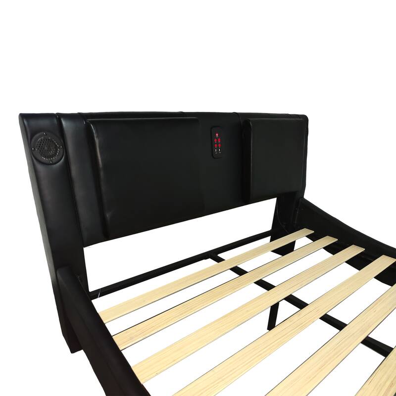 Queen Size Faux Leather Upholstered Platform Bed with LED Lighting and Wooden Slats
