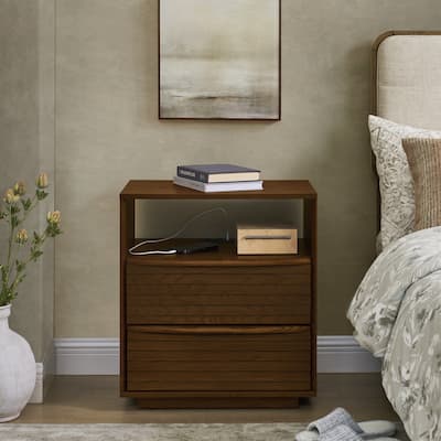 Nightstand with Charging Station and Outlet Hole and 2 Solid Wood Drawers