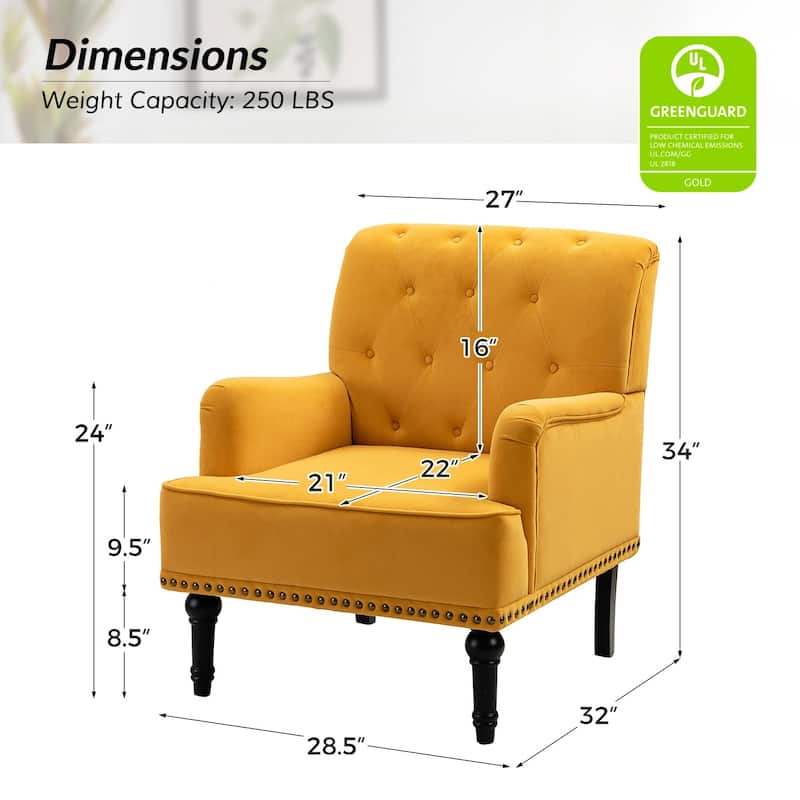 Geltrude Transitional Upholstered Button Tufted Club Chair with turned wooden Legs by HULALA HOME