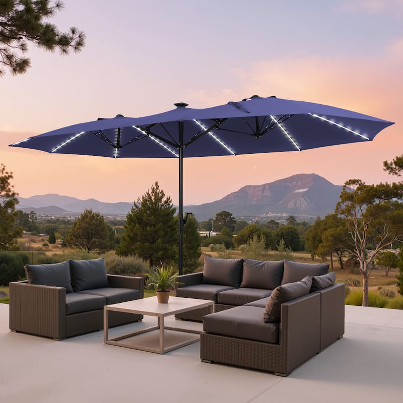 Crestlive Products 15ft Rectangular Double-sided Outdoor Market Umbrella Solar LED Lighted Patio Umbrella