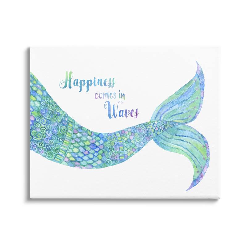 Stupell Happiness Comes in Waves Detailed Mermaid Tail Sentiment Canvas Wall Art, Design by Jackie Decker - 30 x 24