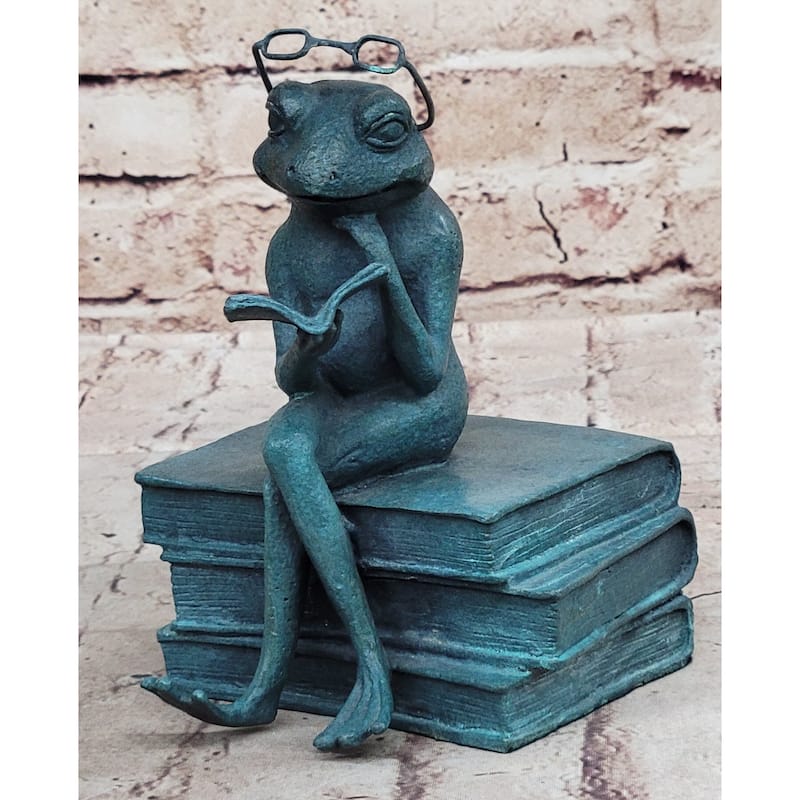 Frog Reading A Book Bronze Metal Sculpture Statue Decor Signed Art