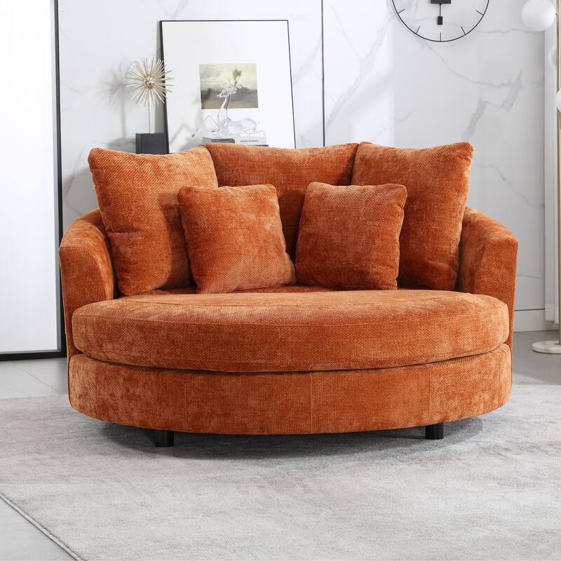 Modern Sofa Chair Round Accent Barrel Chair With 5 Pillows and Storage Ottoman