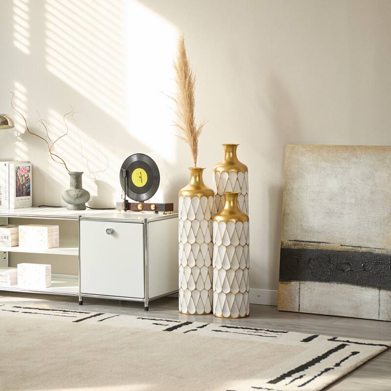 Floor Metal Vase Modern Style Droplet Shaped White Metal Vase 3-Piece Set Gorgeous Home Decoration Large Glazed Metal Vase