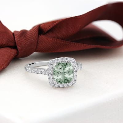 Auriya 3/4ct Cushion-cut Green Amethyst and Halo Diamond Engagement Ring 1/2cttw 14k Gold