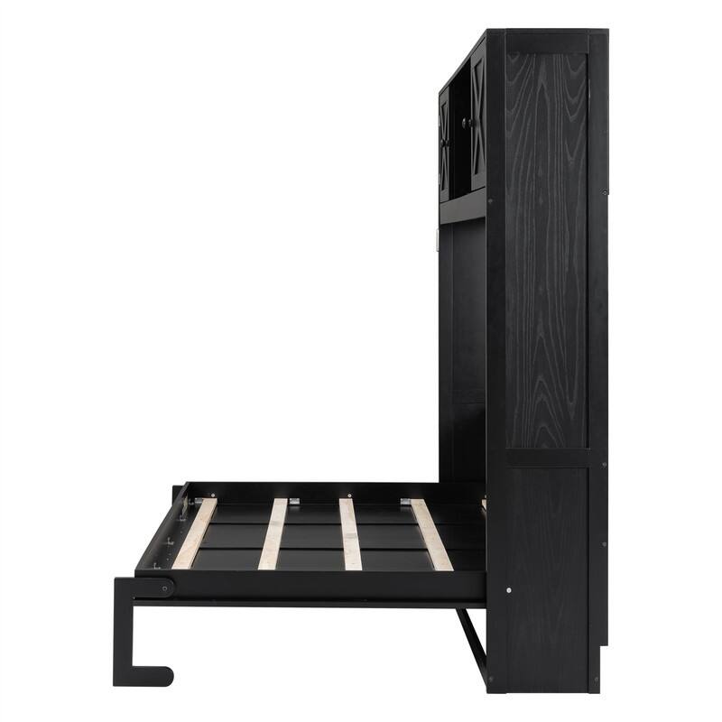 Full Size Murphy Bed Wall Bed with Storage Cabinets, Foldable Space Saving Murphy Cabinet Bed with Open Storage & Slats Support