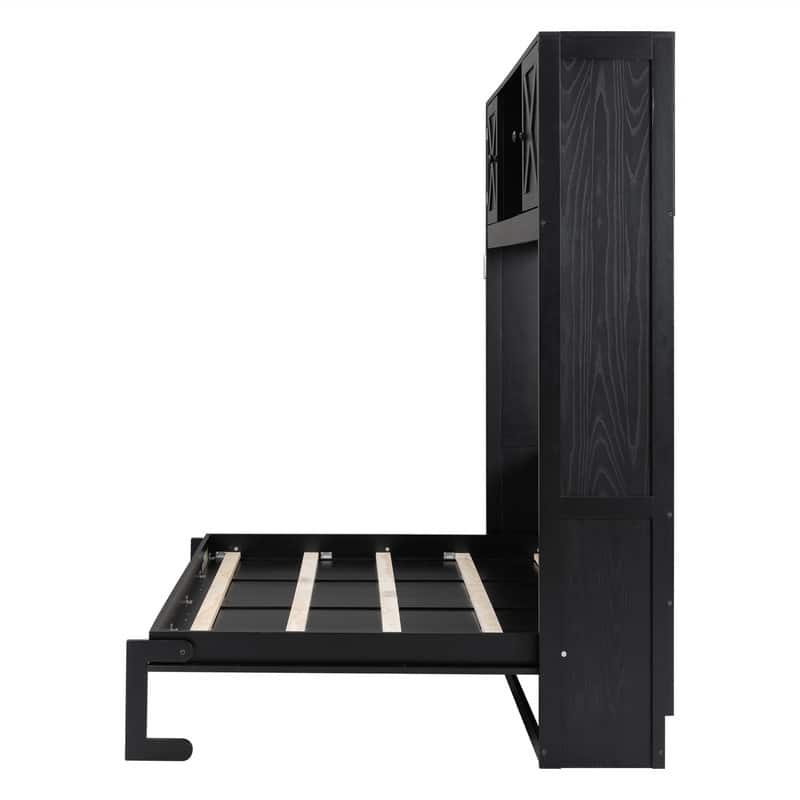 Full Size Murphy Bed Wall Bed with Storage Cabinets, Wooden Foldable Murphy Cabinet Bed with Top Storage, Space Saving Design