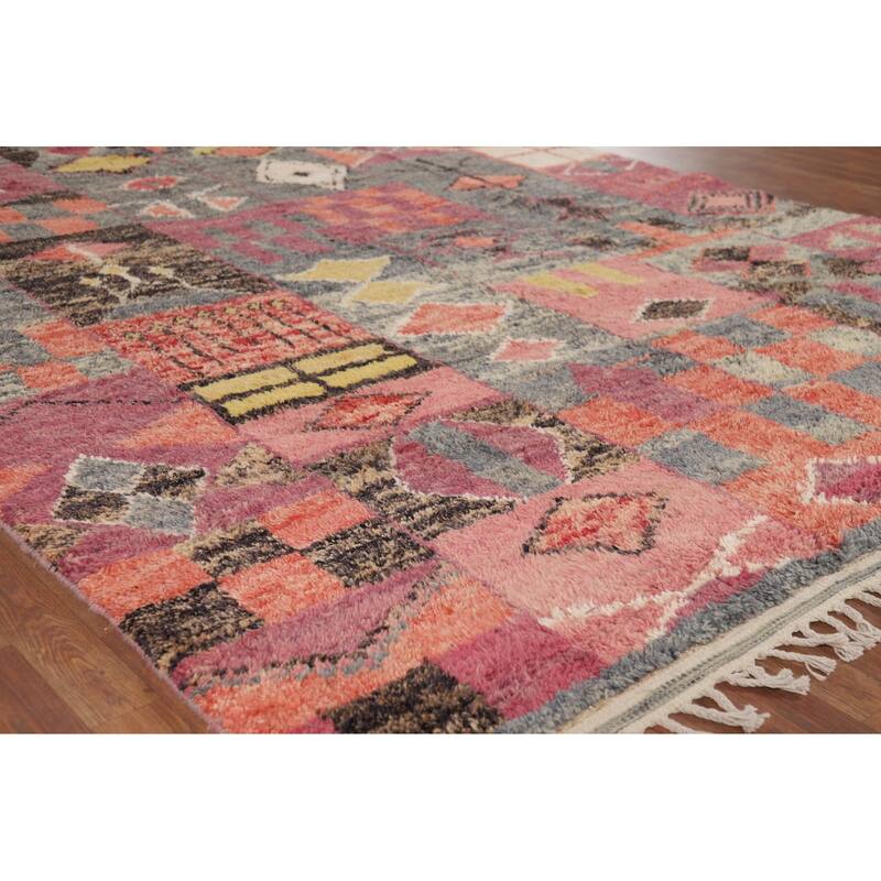 Geometric Plush Moroccan Oriental Rug Hand-Knotted Grey Wool Carpet - 7'9" x 10'5"