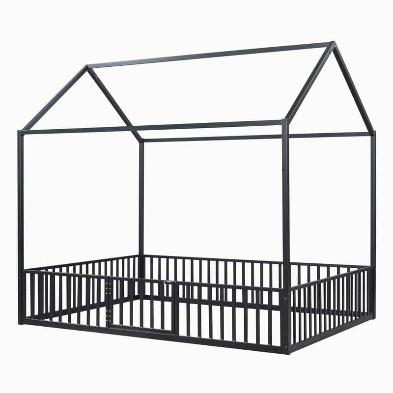 Full Size Metal House Bed with Fence and Door