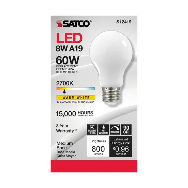 8.2 Watt LED A19 Soft White Medium Base 2700K 90 CRI 120 Volt