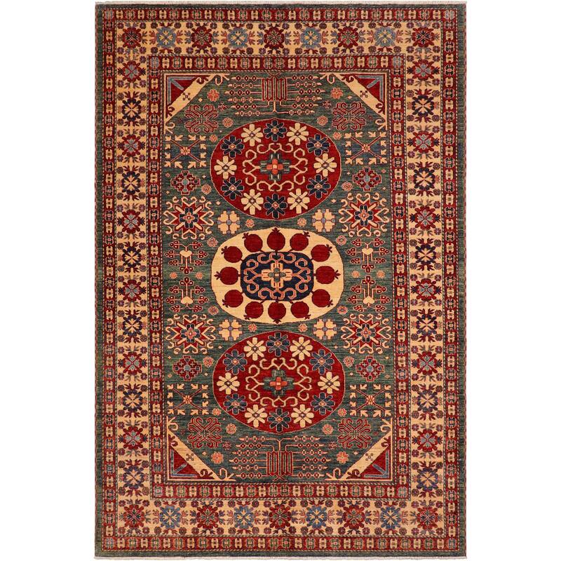 Caucasian Super Kazak Bryson Green/Beige Hand Knotted Wool Rug - 6'10'' x 9'6''