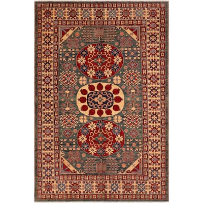 Caucasian Super Kazak Bryson Green/Beige Hand Knotted Wool Rug - 6'10'' x 9'6''