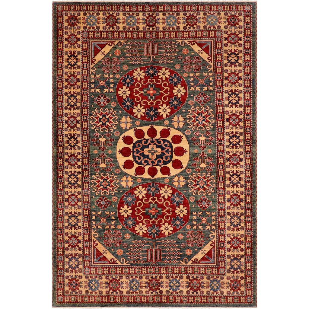 Caucasian Super Kazak Bryson Green/Beige Hand Knotted Wool Rug - 6'10'' x 9'6''