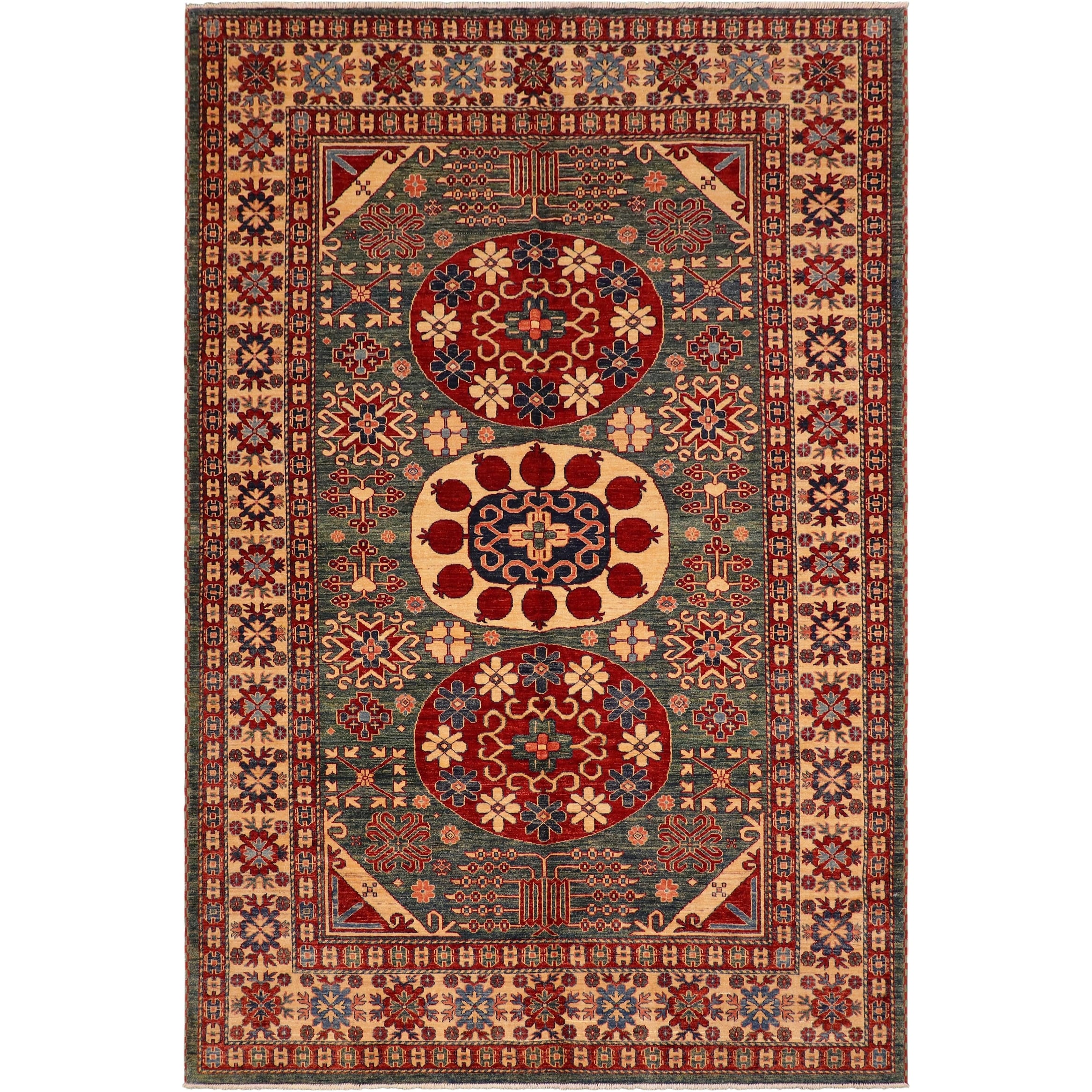 Caucasian Super Kazak Bryson Green/Beige Hand Knotted Wool Rug - 6'10'' x 9'6''