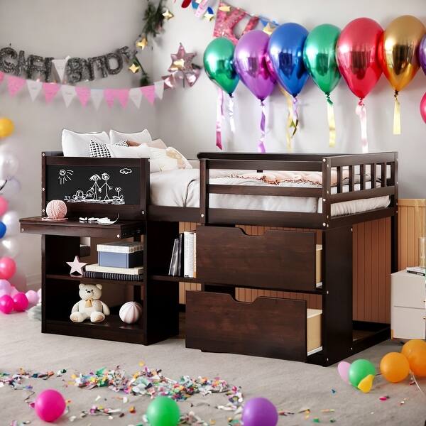 slide 2 of 9, Twin Size Low Loft Bed With Rolling Desk,Shelf and Drawers for Home Espresso