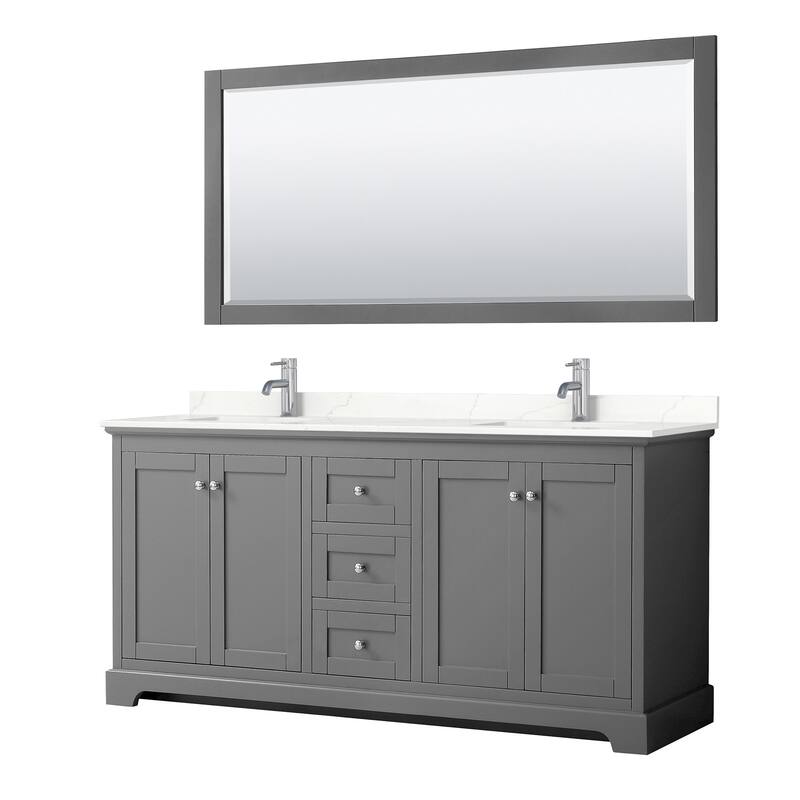 Avery 72-inch Double Vanity, Quartz Top, 70-inch Mirror - Dark Gray, Chrome Trim, Giotto Quartz Top