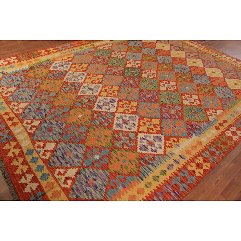 Trellis Geometric Kilim Oriental Area Rug Hand-Woven Wool Carpet - 8'4"x 10'10"