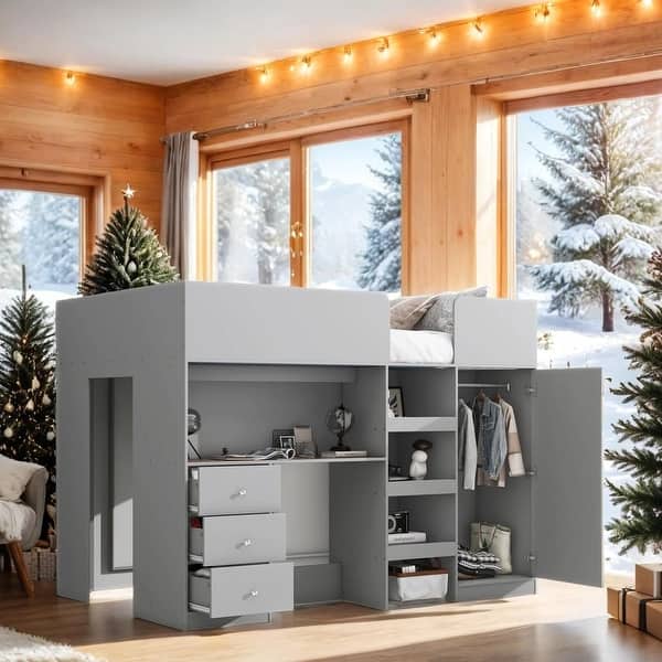 slide 2 of 16, Stylish & Simple Wood Full Size Loft Bed with Built-in Wardrobe, Desk, Storage Shelves and Drawers, Safety Guaranteed, Grey