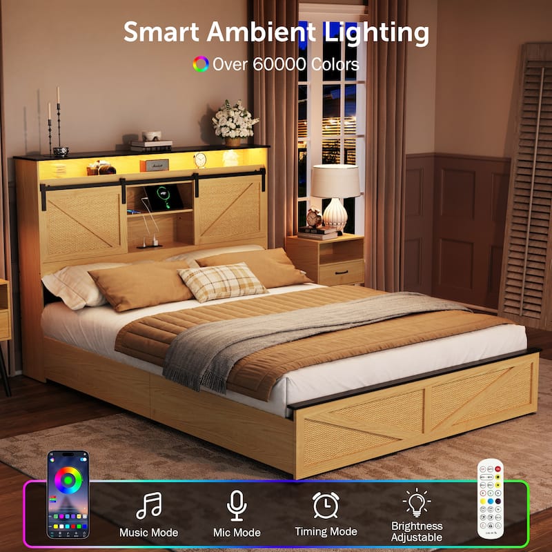 Farmhouse Storage Bed Frame with Storage Headboard, Charging Station and LED Lights, Optional Platform Bed with Drawers