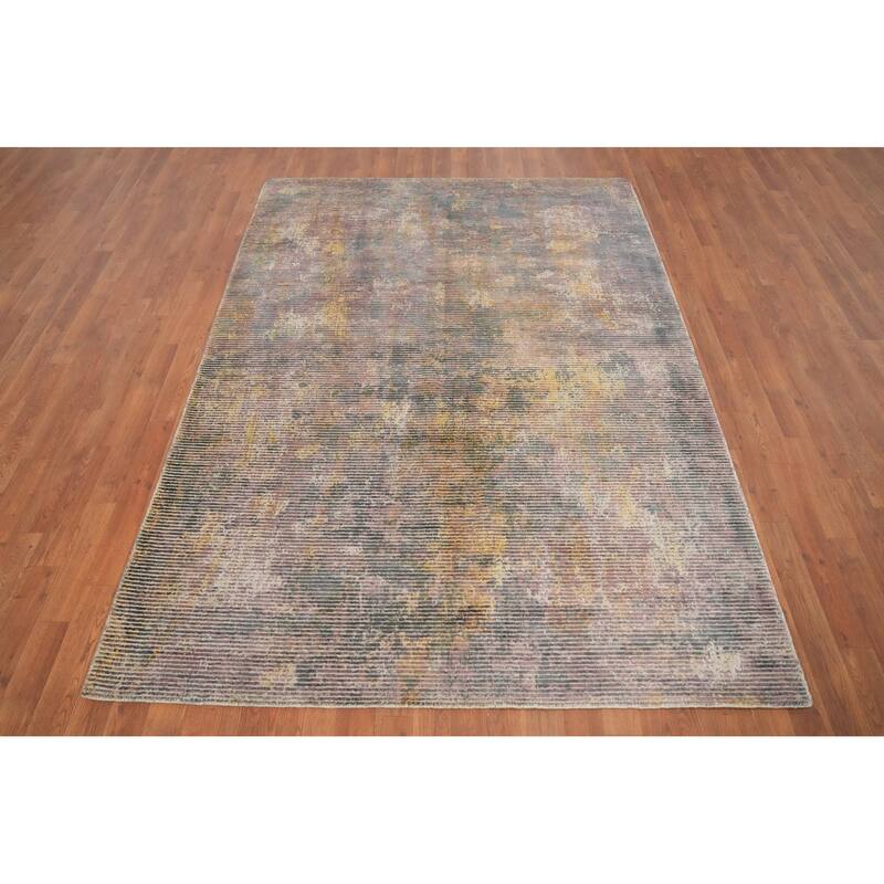 Hand Knotted Oriental Viscose Silk Carpet Modern All-Over Multi-Colored Abstract Area Rug - 7' 6'' X 5' 4''