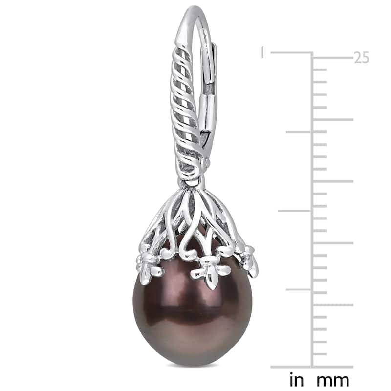 Miadora Black Tahitian Cultured Pearl Leverback Earrings in 14k White Gold (9-10mm)