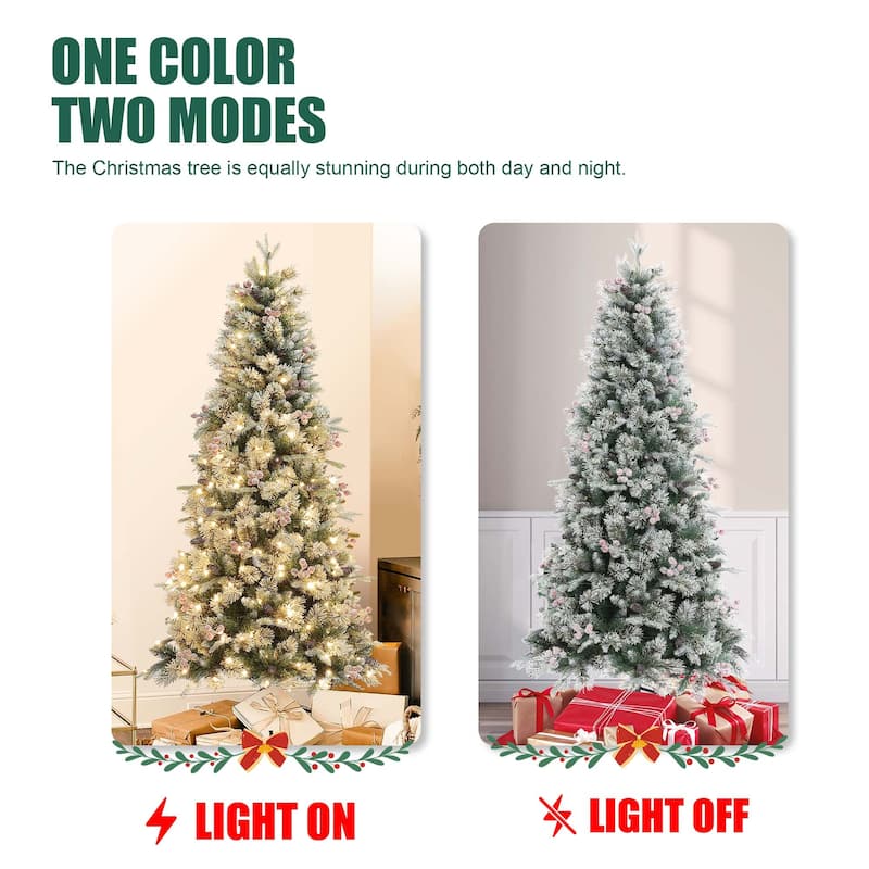 6.5Ft Pre-Lit Flocked Artificial Christmas Tree with Berries and Pinecones - 78" H x 40.6" Diameter