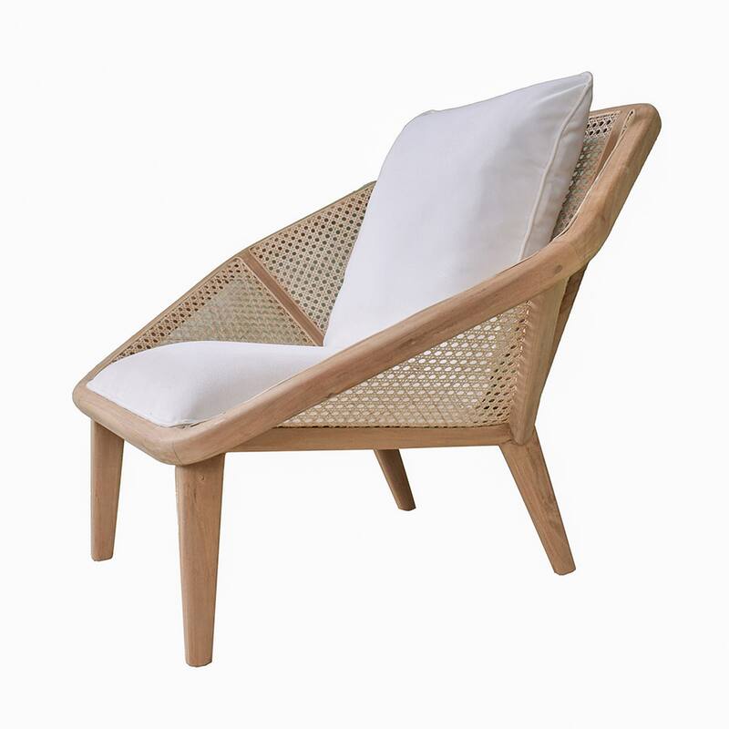 41 Inch Accent Leisure Chair with Cushion, Woven Rattan, Teak Wood, Brown