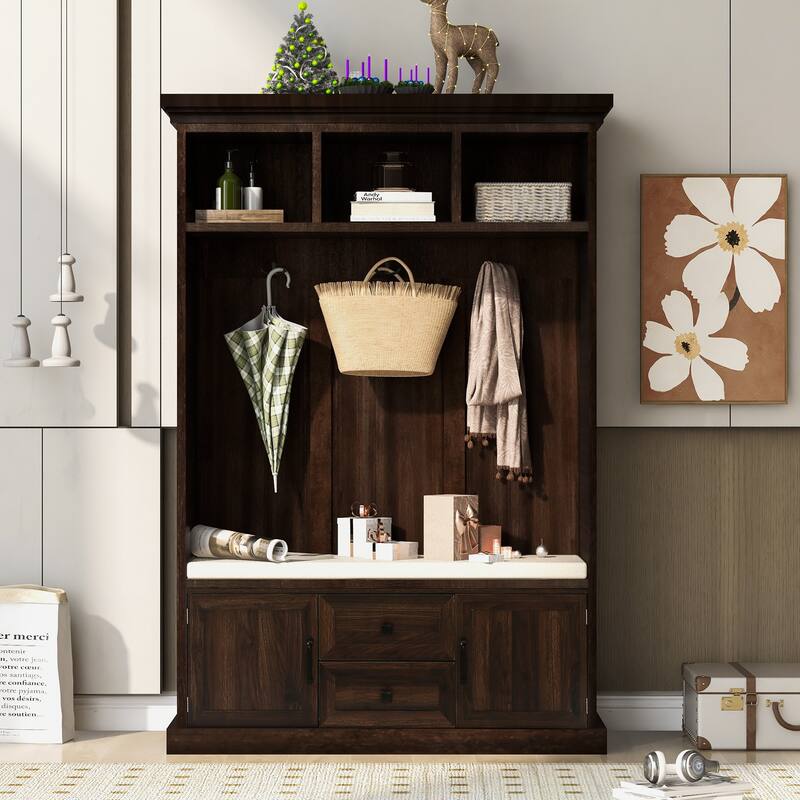 Hall Tree with 3 Hooks，Coat Hanger, Entryway Bench,Storage Bench, 3-in-1 Design,47.2INCH,for Entrance,Hallway
