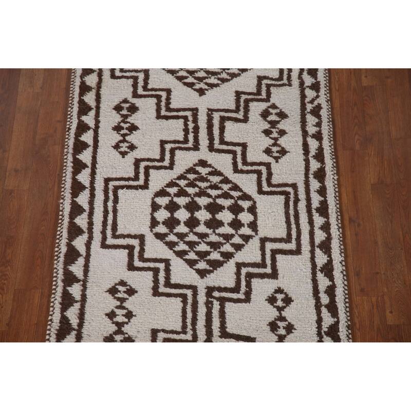 Geometric Anatolian Turkish Runner Rug Handmade Beige Wool Carpet - 3'1"x 11'6"