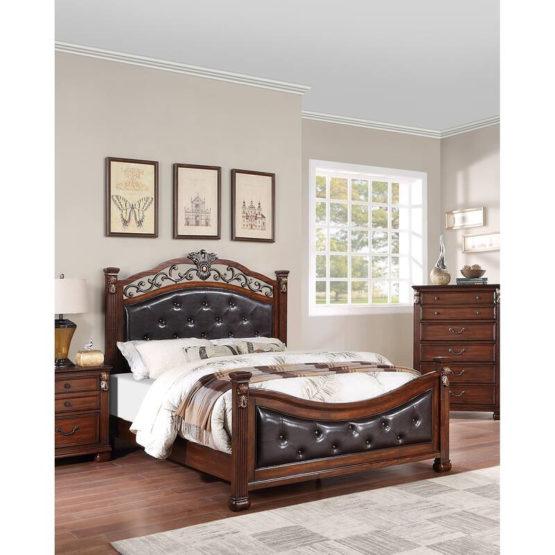 Formal Traditional Dark Cherry 1pc Queen Size Bed Tufted Faux Leather Headboard Footboard Bedframe - Cherry