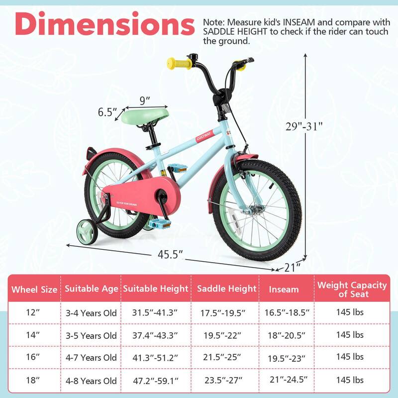 Costway 16" Kids Bike with Adjustable Saddle Handlebar Removable
