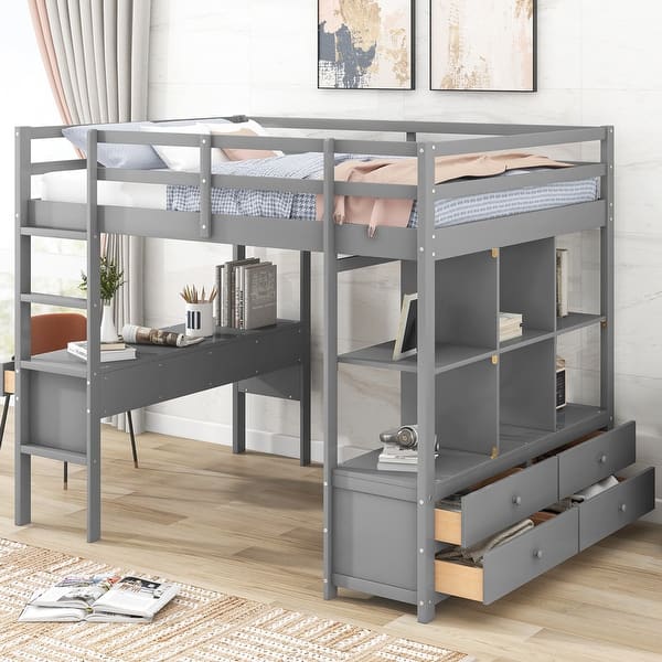 slide 2 of 34, Multifunctional Loft Bed Full Size Loft Bed Solid with Built-in Desk and Two Drawers,Storage Shelves,Guardrail Grey
