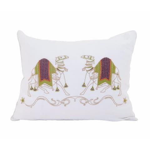 Amer Camel Emb. Pillow Ivory with Green, Gold & Orange Emb.