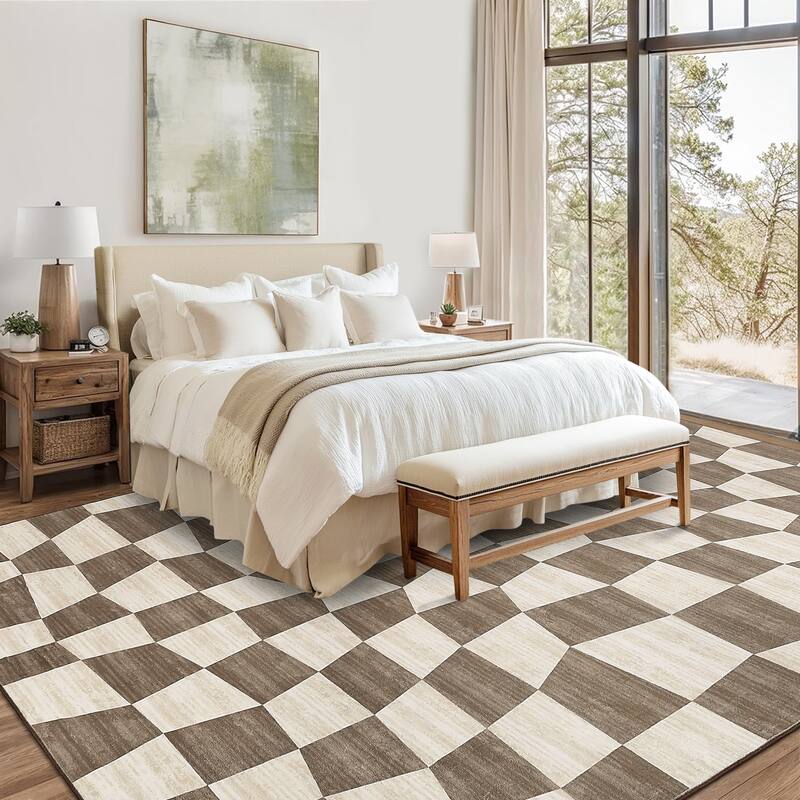 Modern Geometric Checkered Rug Washable Area Rug Low Pile Stain Resistant Throw Rug