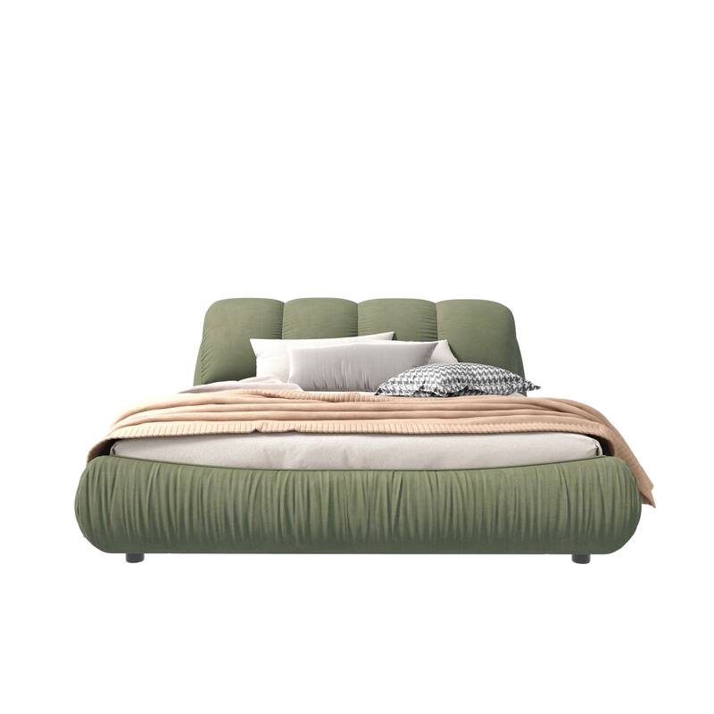 Upholstered Platform Bed with Oversized Padded Backrest, Queen/King Size Low Grounded Bed with Headboard and Wood Slats