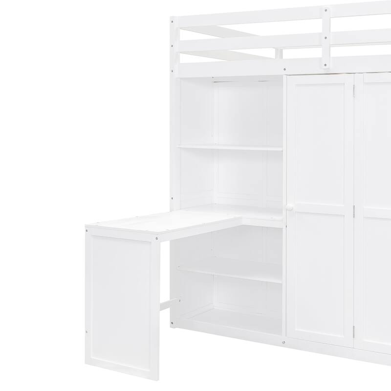 Full Size Loft Bed with Wardrobe & Desk - Space Saving Bed Frame with Built-in Shelves, for Bedroom, Dorm & Small Spaces