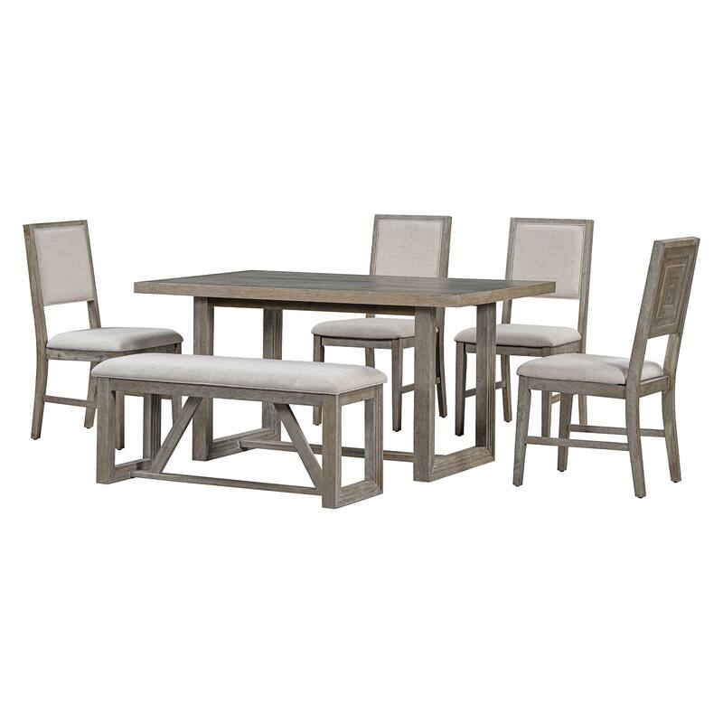 Casual Dining Table Set Gray Wooden Dining Table Set Mid-Century Modern Dining Table Set with 4 Upholstered Chairs and Bench