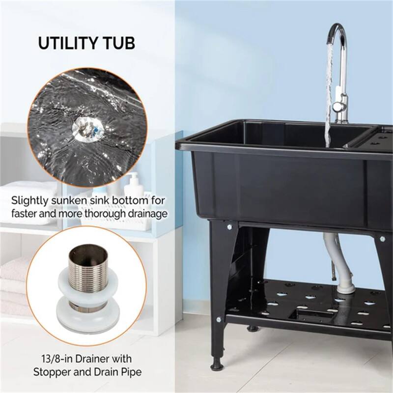Utility Washing Room Sink Laundry Tub with Faucet & Shelf & Drainboard Black - 22.4"D x 32.3"W x 29.9"H